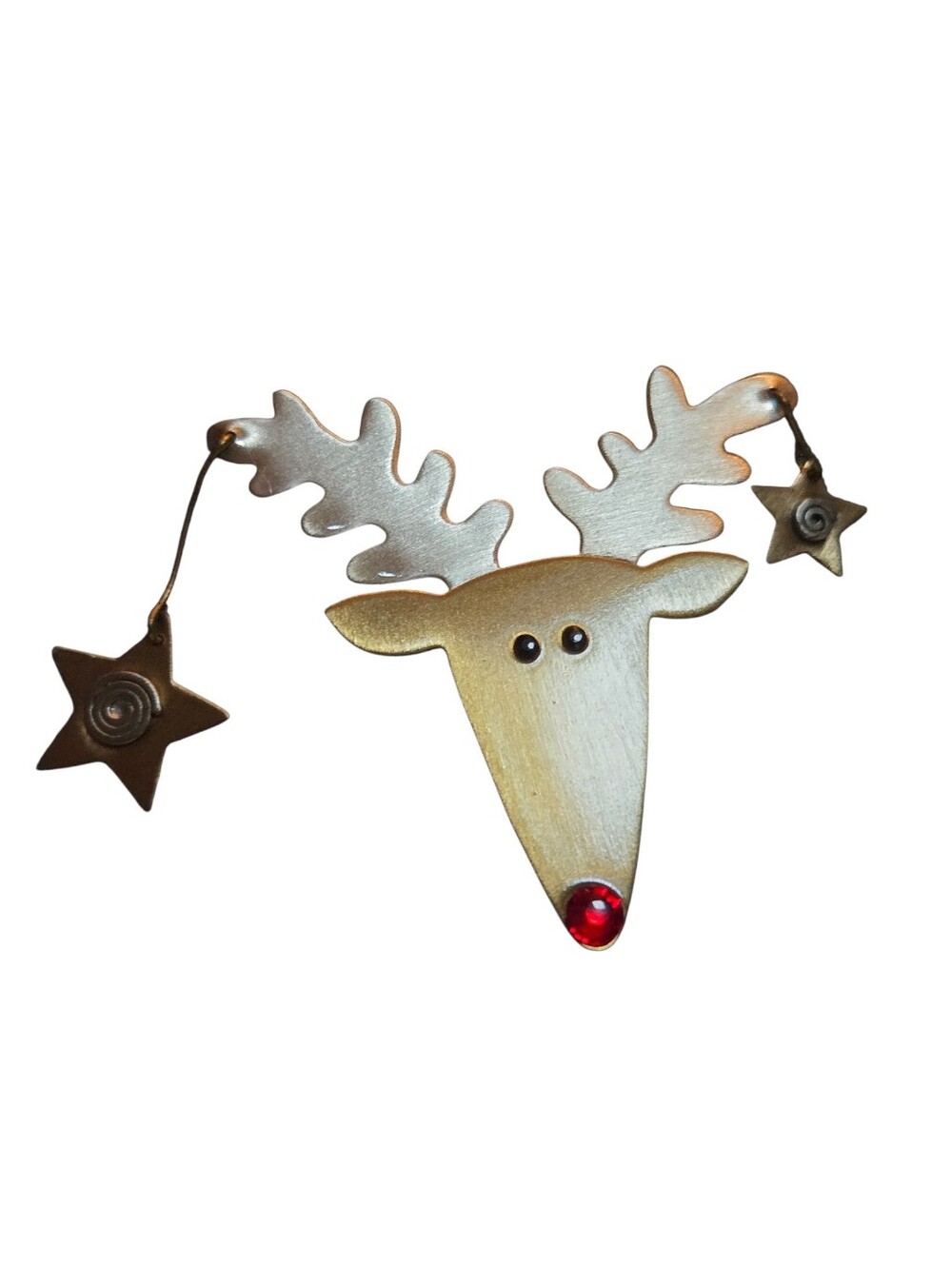 Coldwater Creek Whimsical Reindeer Brooch w/Star Charms - Gold Tone, Red Accent
